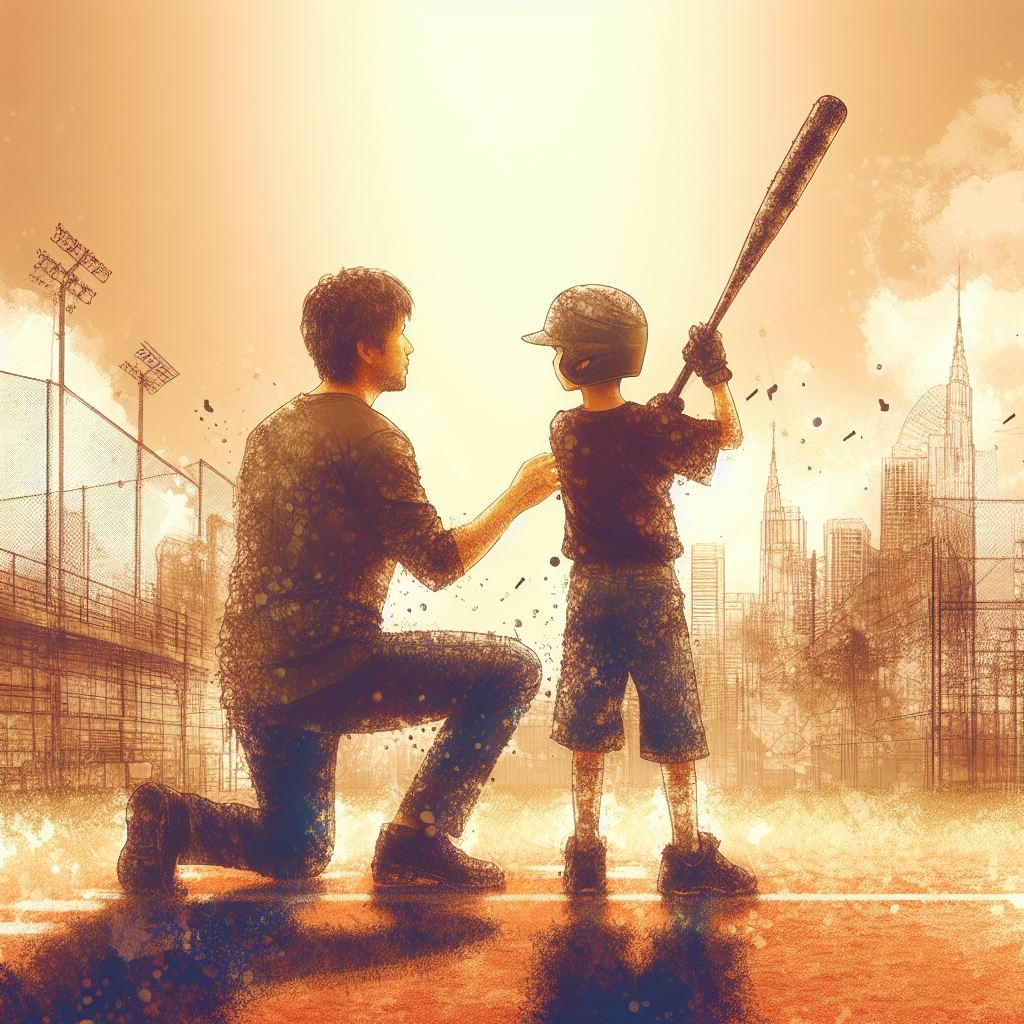 Abstract image of a Japanese parent and their 13-year-old middle school child in a baseball uniform, practicing baseball together in a local community field, overcoming park regulations
