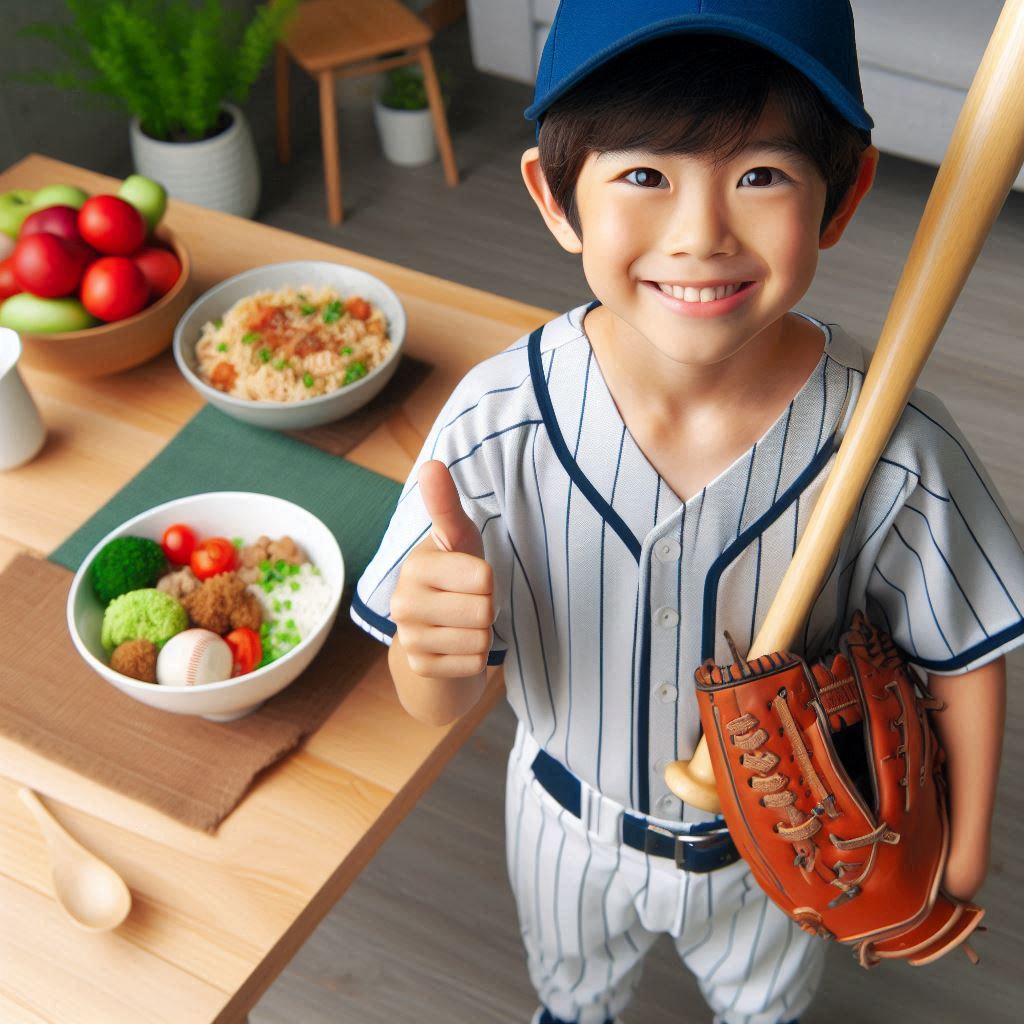 a Japanese boy in a baseball uniform, smiling brightly, holding a baseball bat and glove, with a nutritious meal in the background