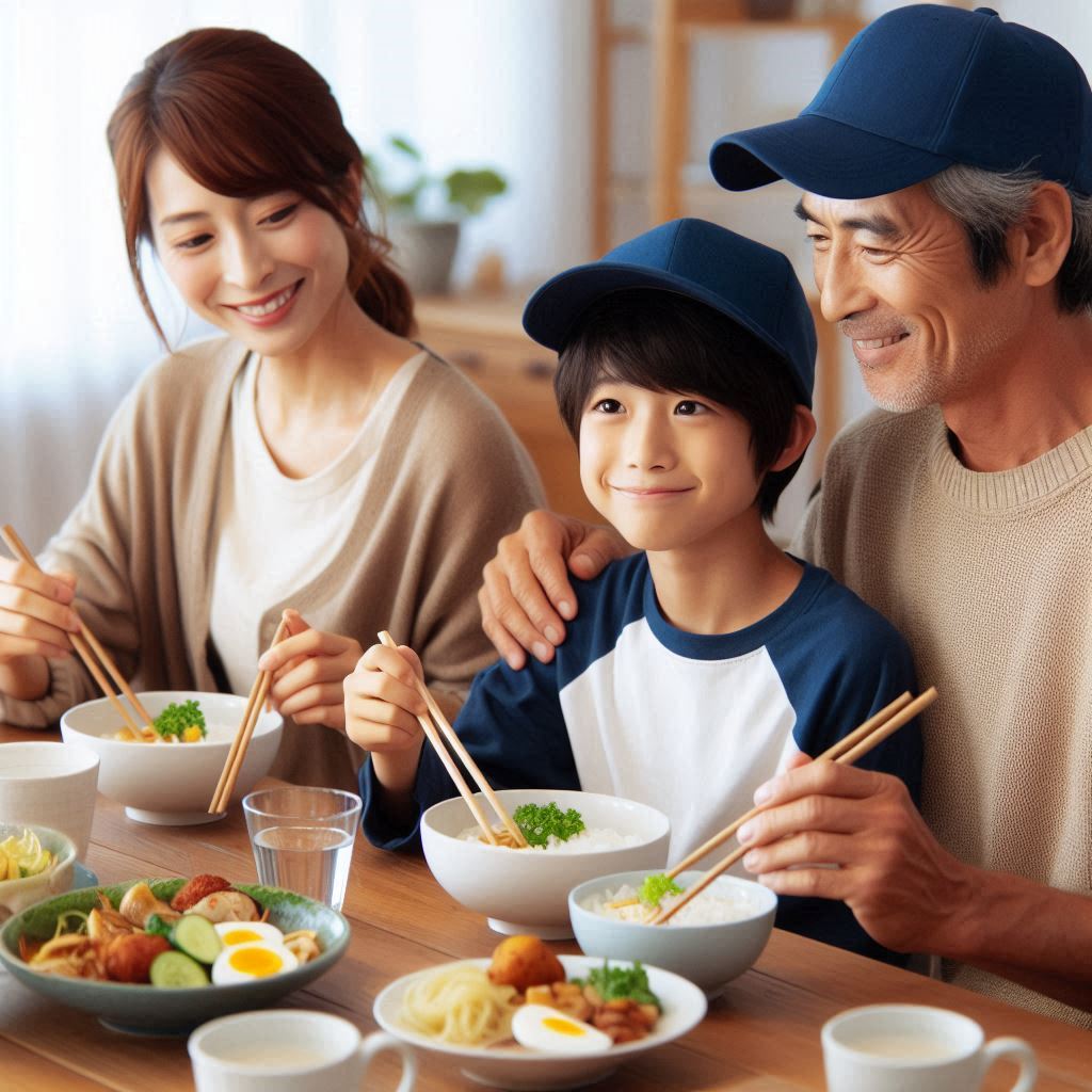 a-Japanese-family-sitting-at-the-dinner-table-enjoying-a-meal-together-with-the-father-and-son-both-wearing-baseball-caps-fostering-a-sense-of-togetherness-and-support