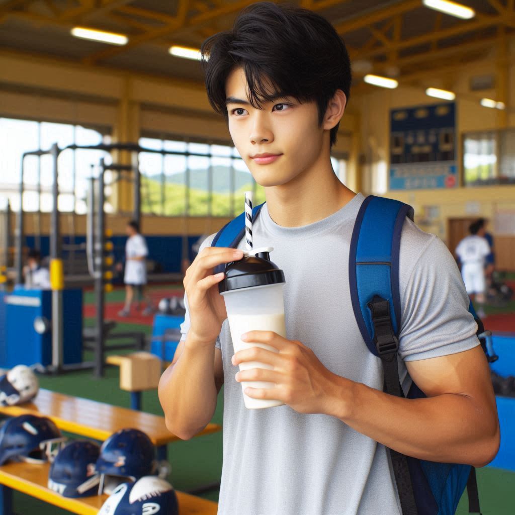 a-teenage-Japanese-baseball-player-drinking-a-protein-shake-after-a-workout