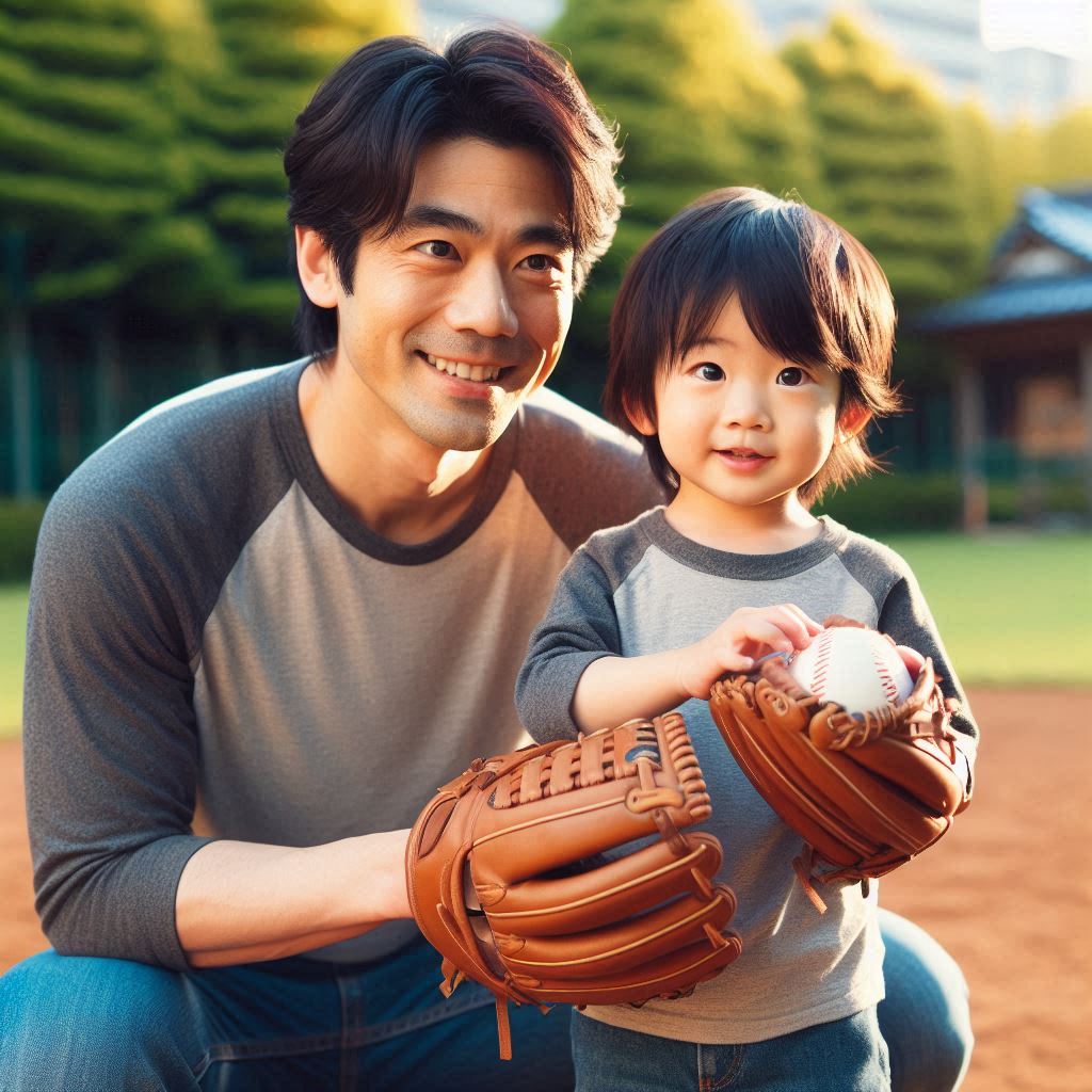 A-Japanese-father-and-son-both-wearing-baseball-gloves-practicing-catch-in-a-park