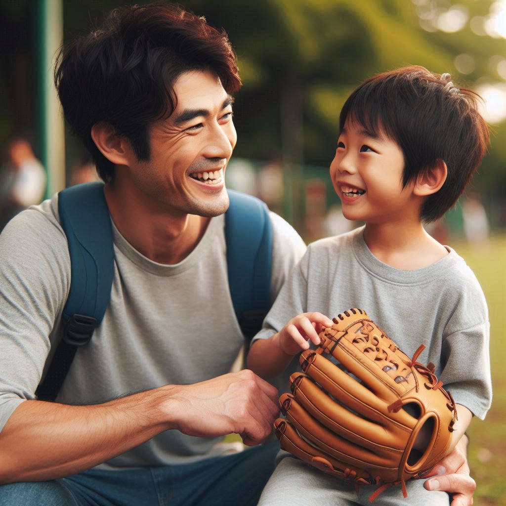 A Japanese father and son, both wearing baseball gloves, smiling and talking in a park