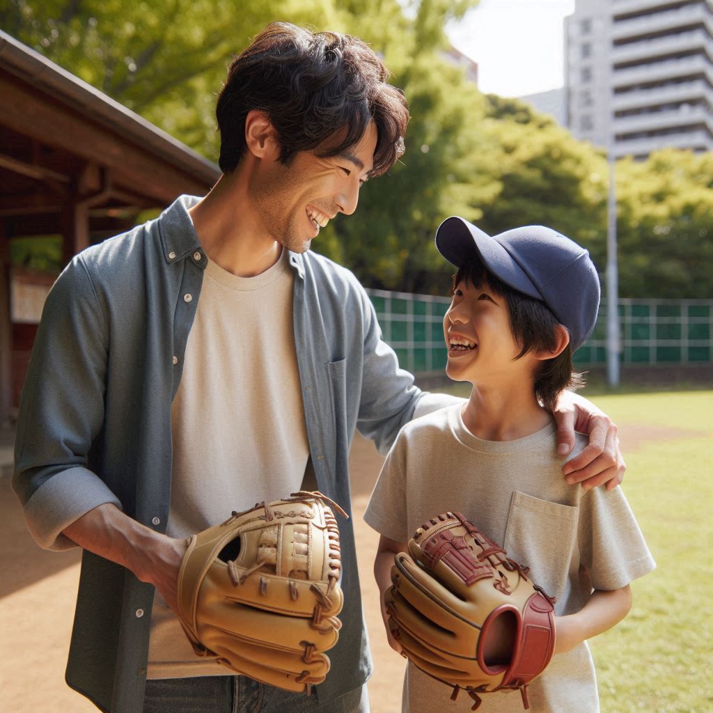 A Japanese father and son, both wearing baseball gloves, smiling and talking in a park2