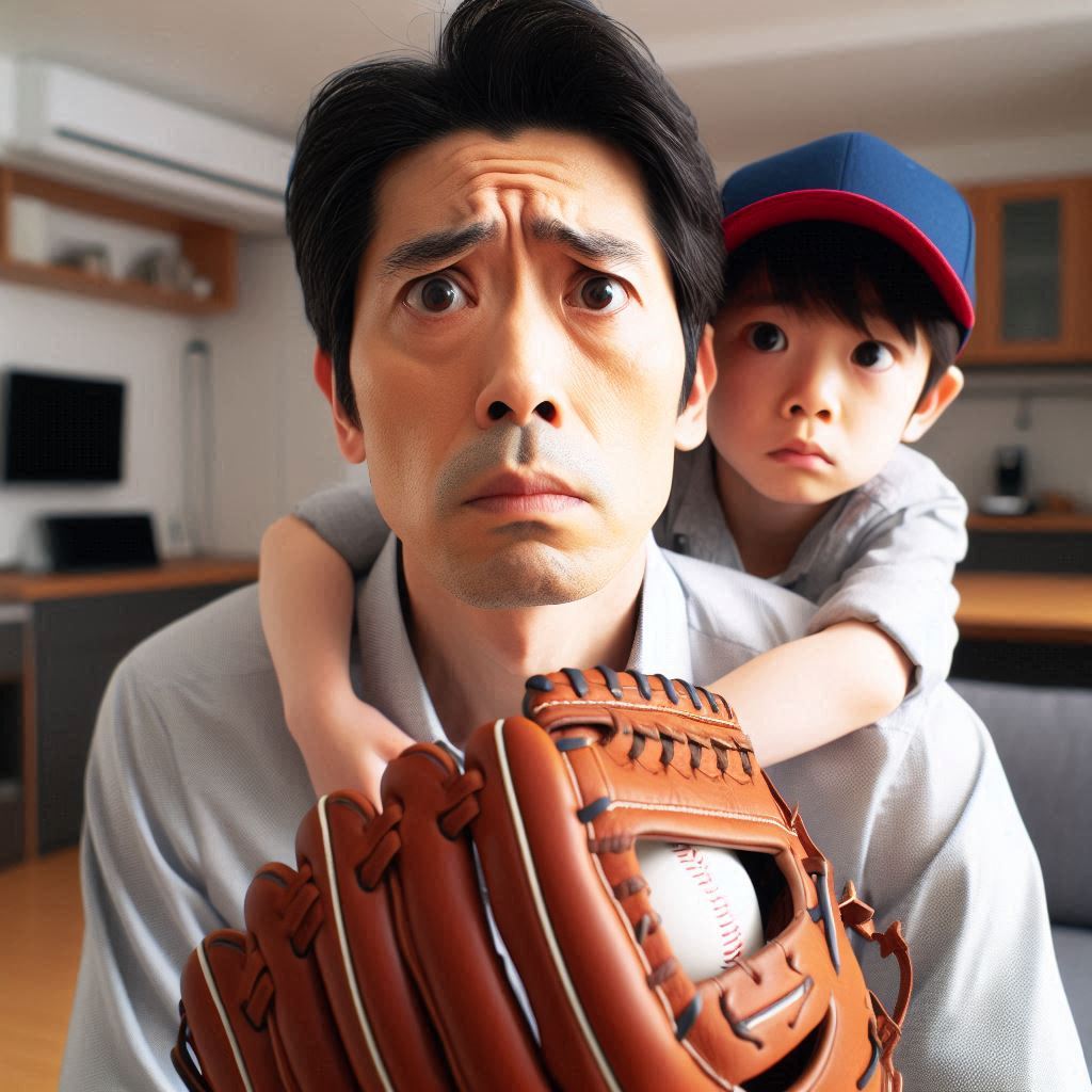 A-Japanese-father-with-no-baseball-experience-looking-worried-while-holding-a-baseball-glove