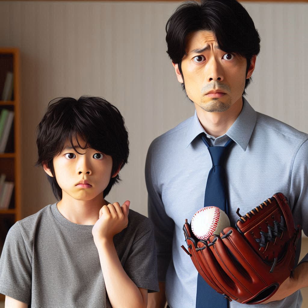 A Japanese father with no baseball experience, looking worried while holding a baseball glove2