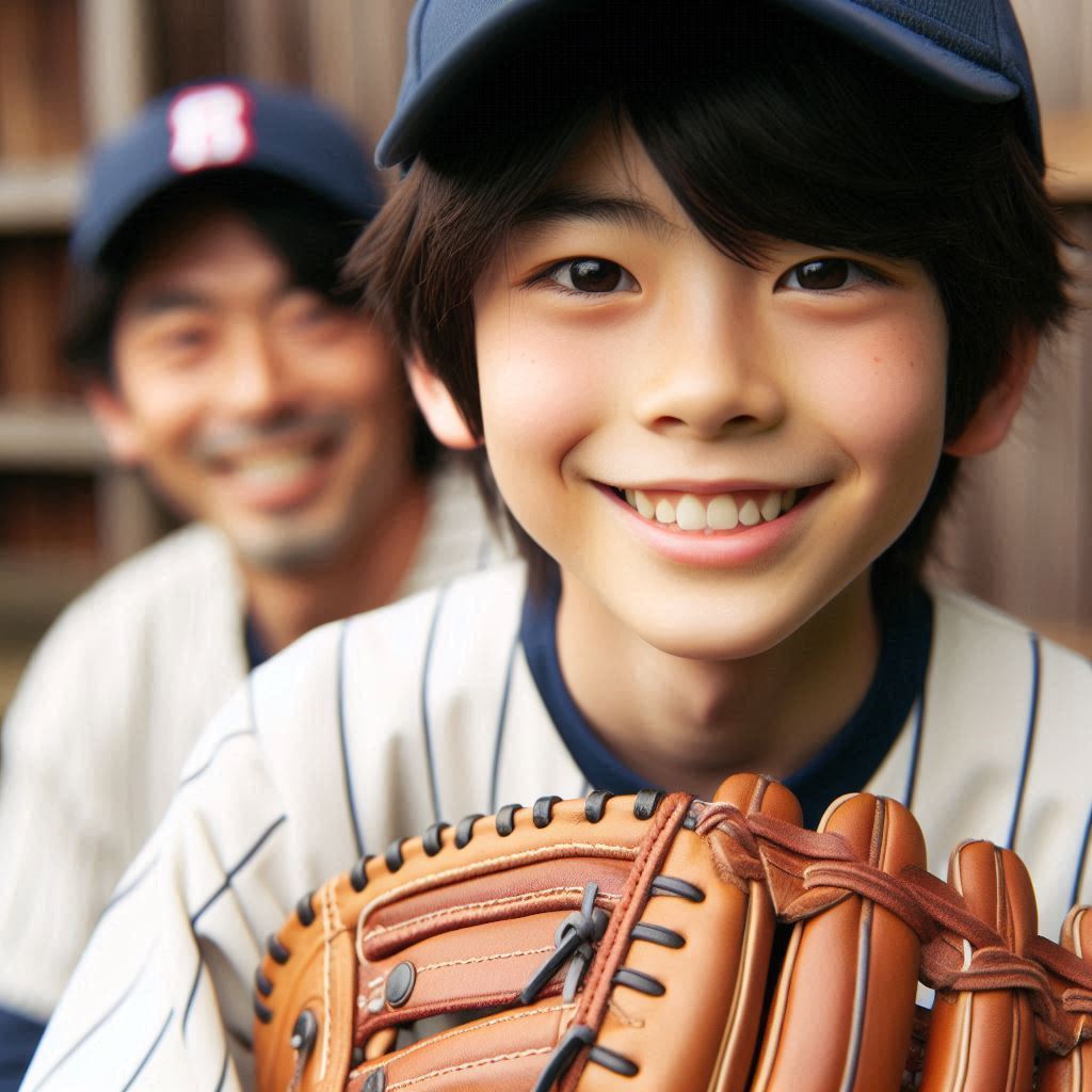 a Japanese boy in a baseball uniform who is smiling and holding a glove, with his father in the background3