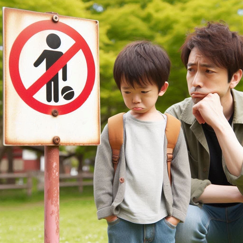 a Japanese father and son looking sad at a sign in the park that says _No Ball Games