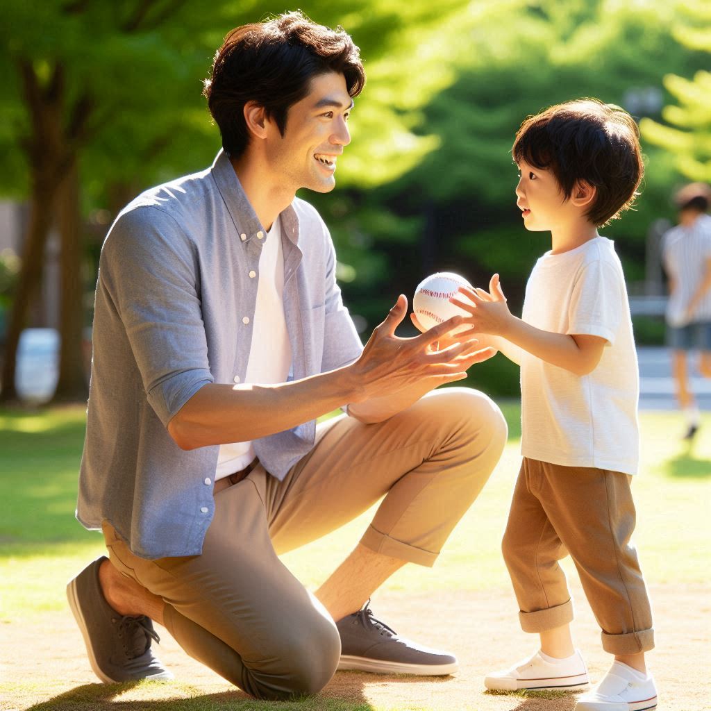 a Japanese father and son playing catch in a park