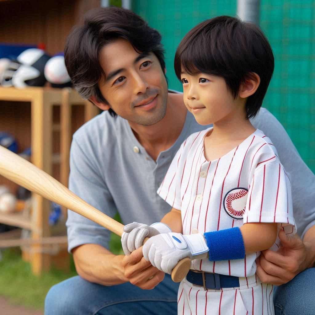 japanese boy in a baseball uniform practicing batting with his father