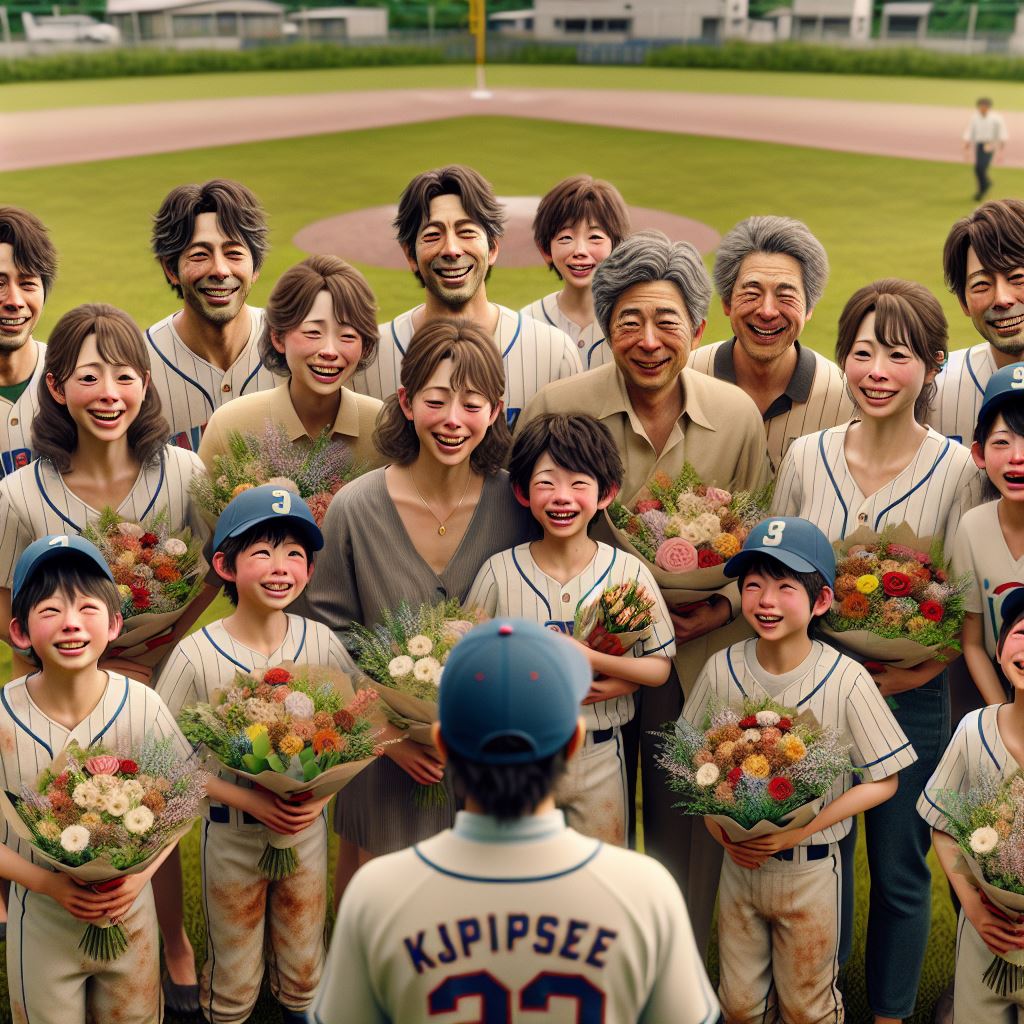 Parents give flowers to kids at baseball field2