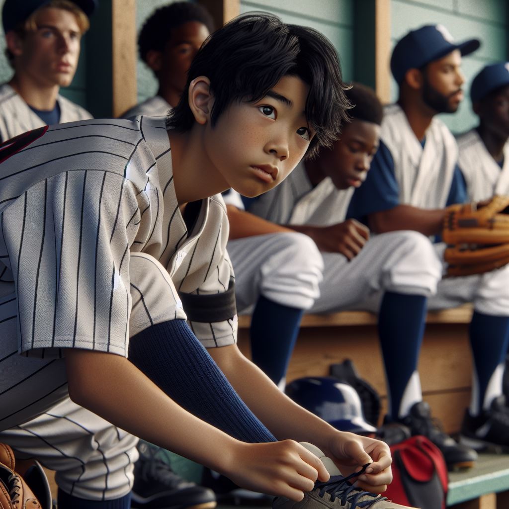 Focused young baseball player tying shoes