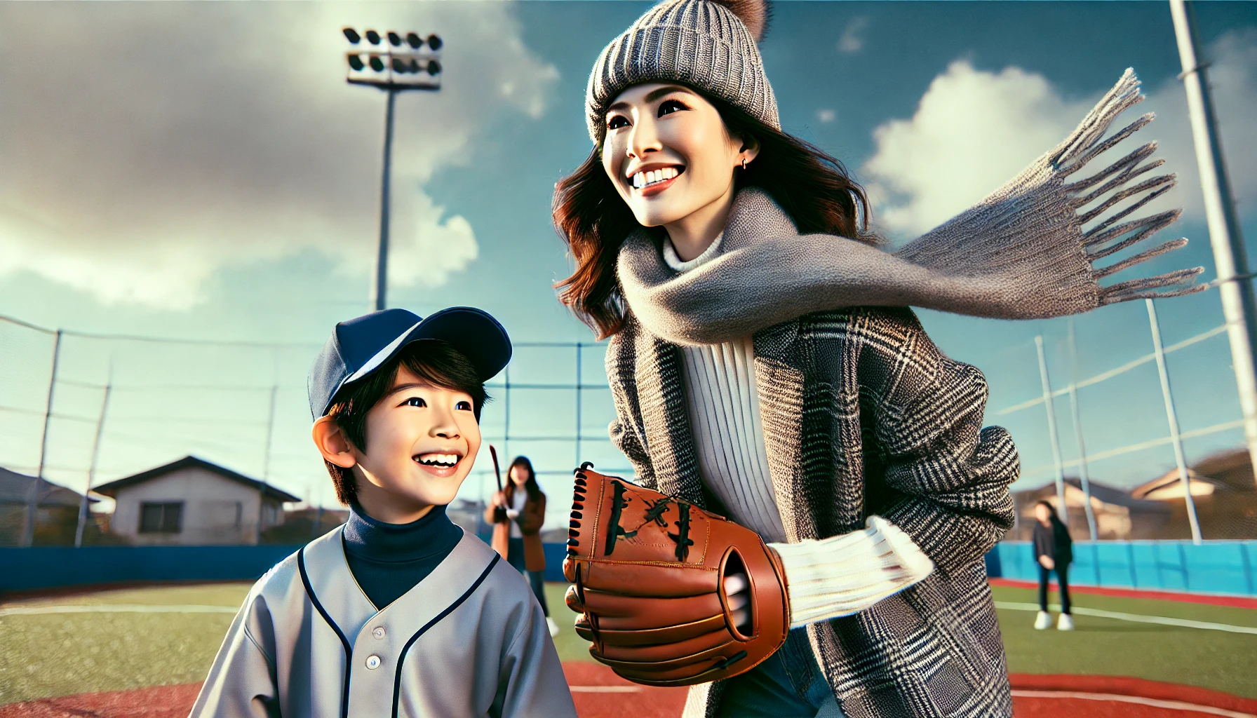 A heartwarming winter scene A Japanese mom, 35, and her son, 10, share a love for baseball.