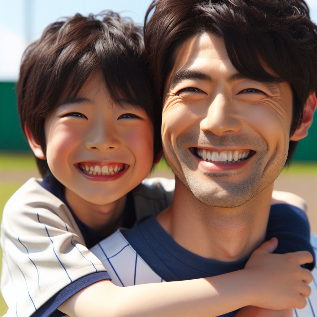 Father and son baseball players hugging (2)