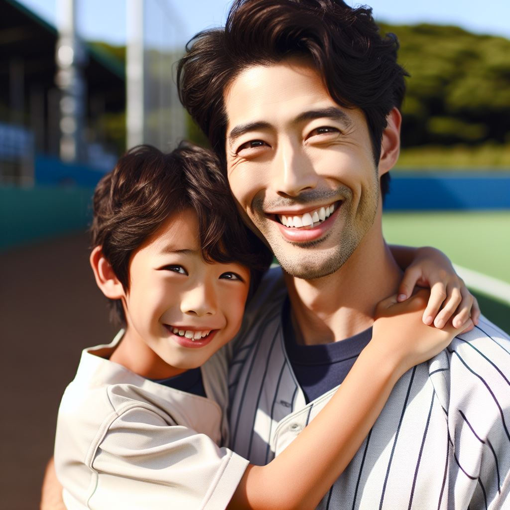 Father and son baseball players hugging