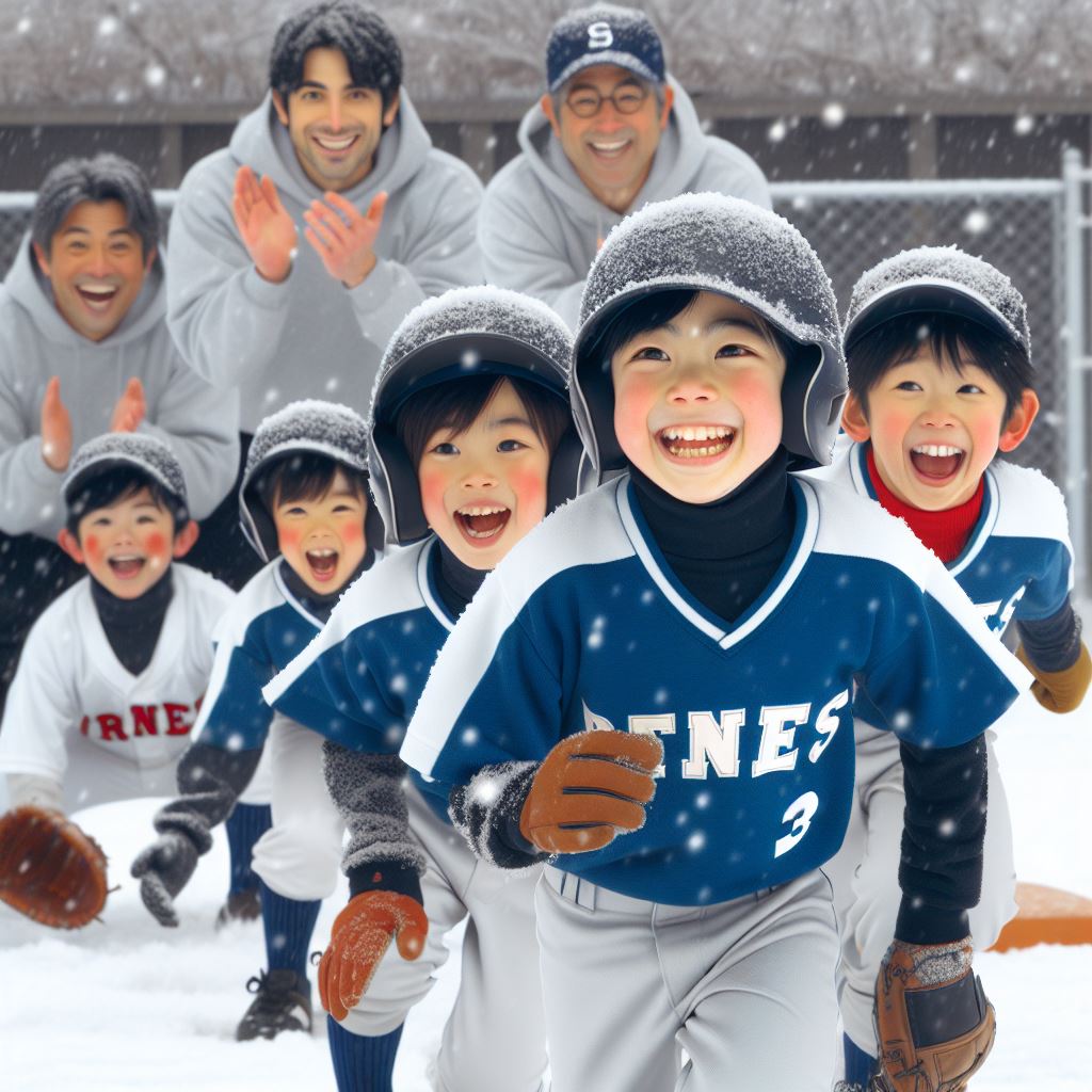 Smiling baseball players practicing in winter