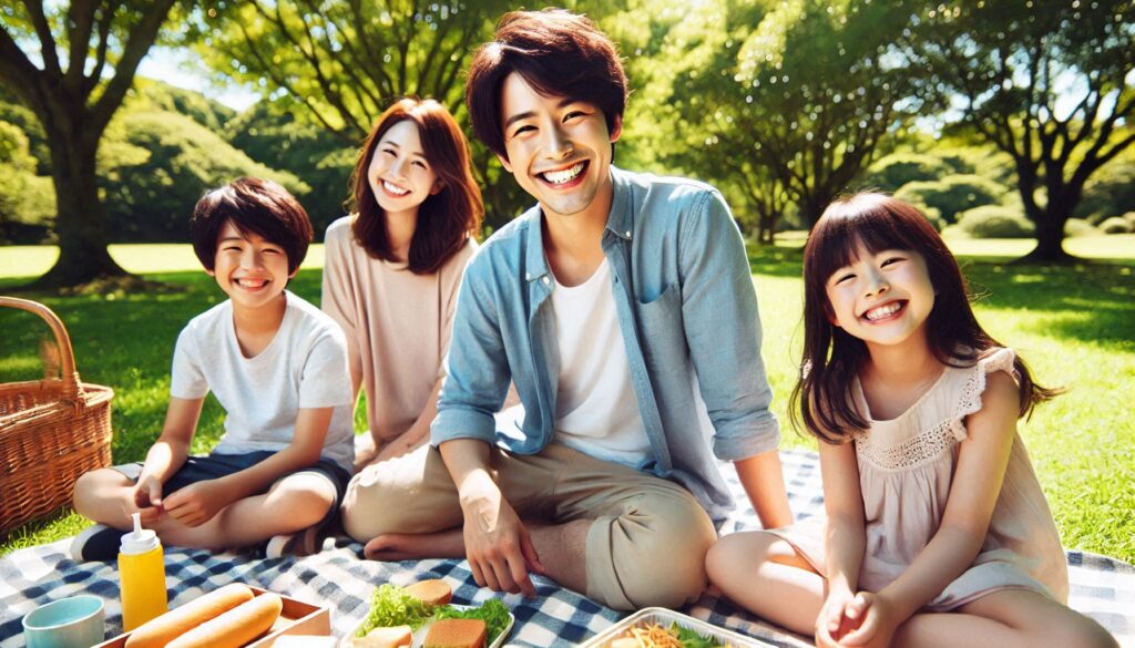 A Japanese father, 30s, finds peace and joy in a simple family picnic (2)