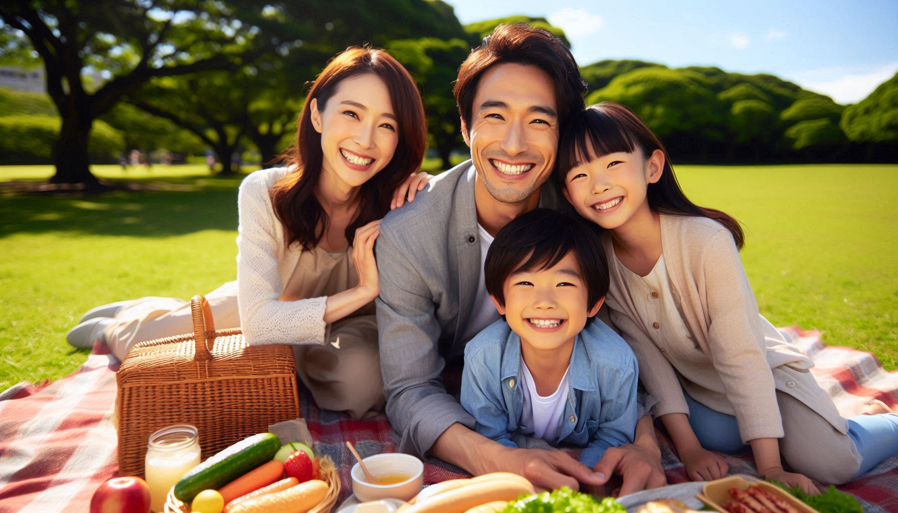 A Japanese father, 30s, finds peace and joy in a simple family picnic