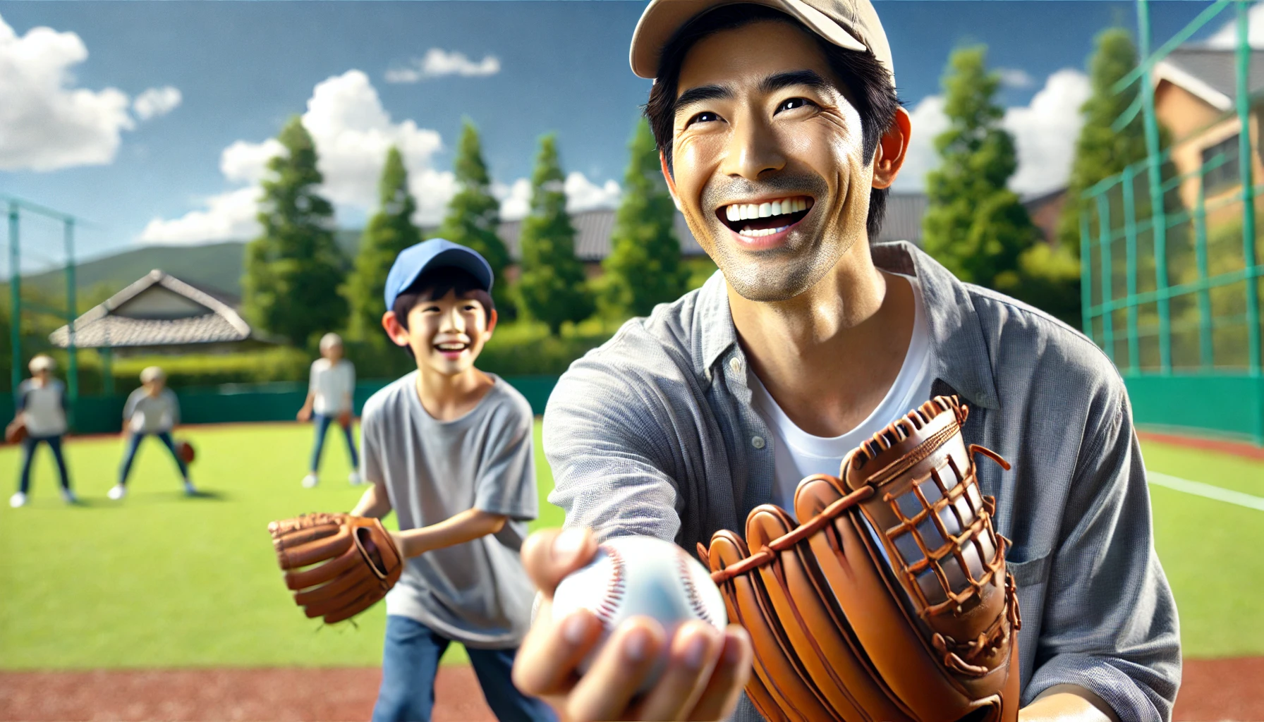 A father's joy A Japanese dad, 30s, smiles brightly as he plays catch with his son