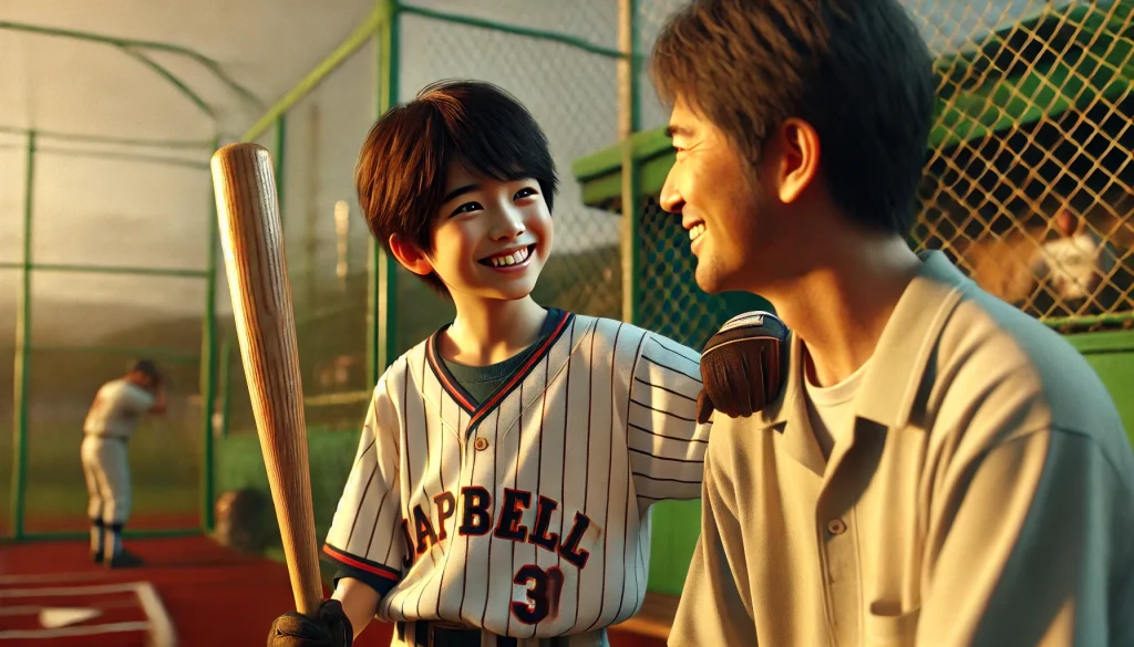 A realistic, high-quality photograph of a smiling 10-year-old Japanese boy wearing a baseball uniform, holding a bat, and looking up at his father wit