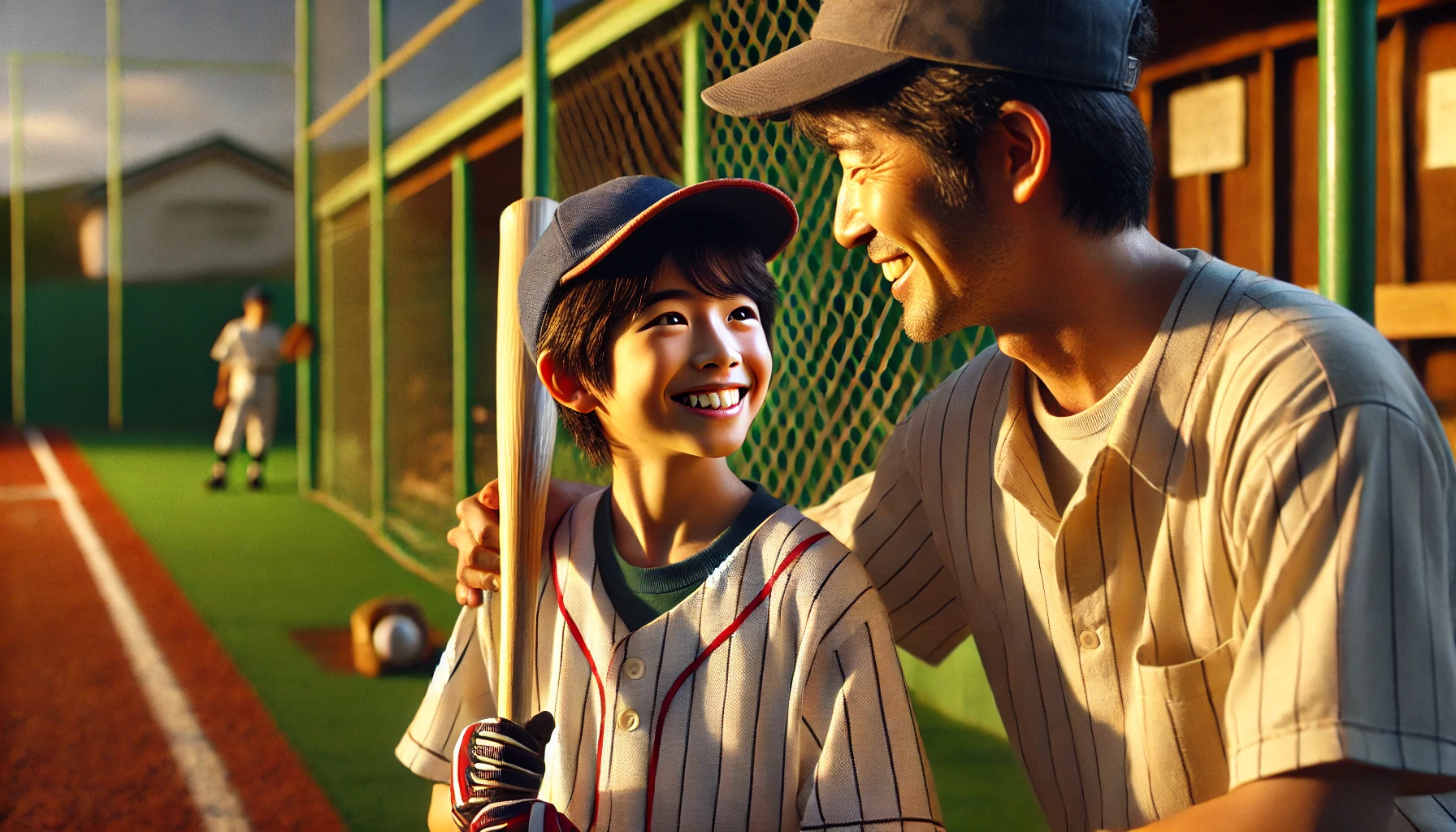 A realistic, high-quality photograph of a smiling 10-year-old Japanese boy wearing a baseball uniform, holding a bat, and looking up at his father wit (2)