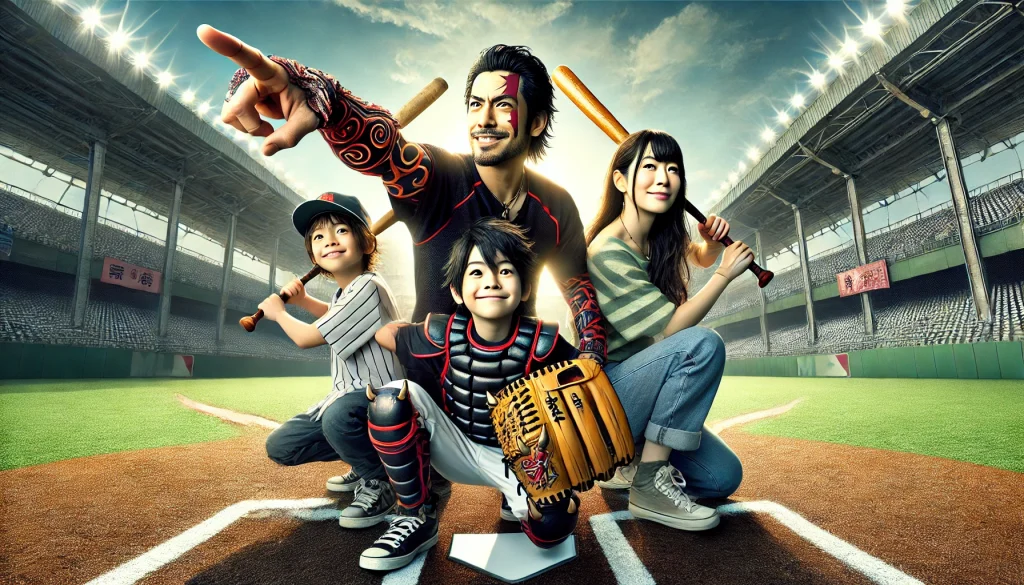 Japanese family on a stylized baseball field. A 35-year-old Japanese father dramatically points to the horizon, a 30-year-old Japanese mother smiles