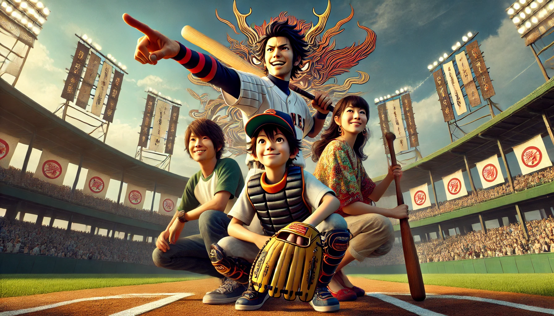 Japanese family on a stylized baseball field. A 35-year-old Japanese father dramatically points to the horizon, a 30-year-old Japanese mother smiles (2)