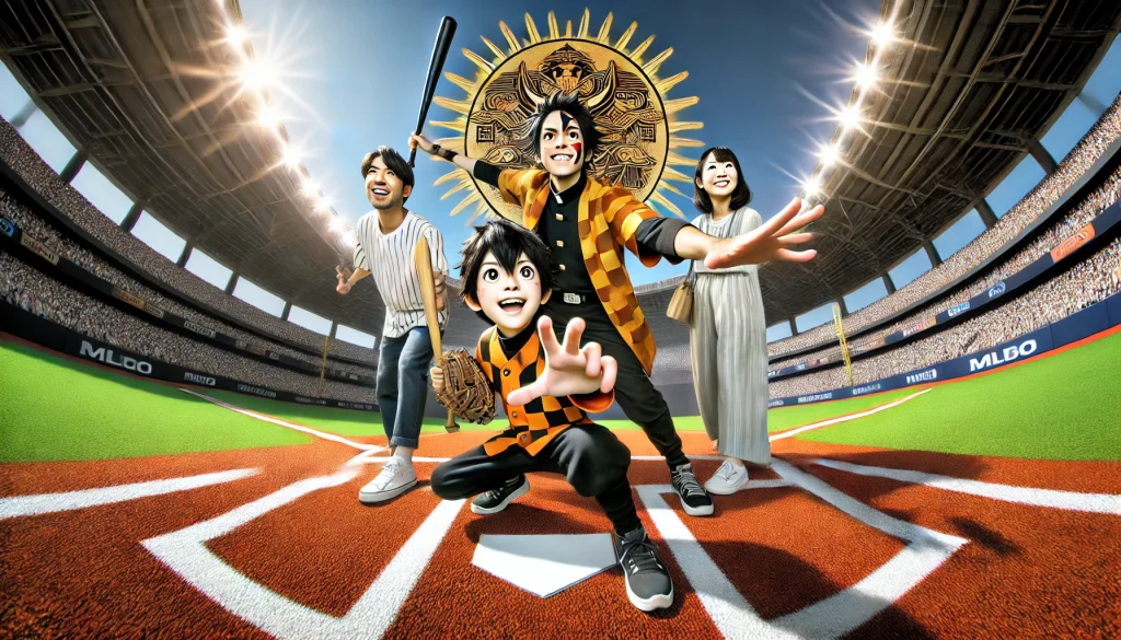 Japanese family on a stylized baseball field. A 35-year-old Japanese father dramatically points to the horizon, a 30-year-old Japanese mother smiles (3)