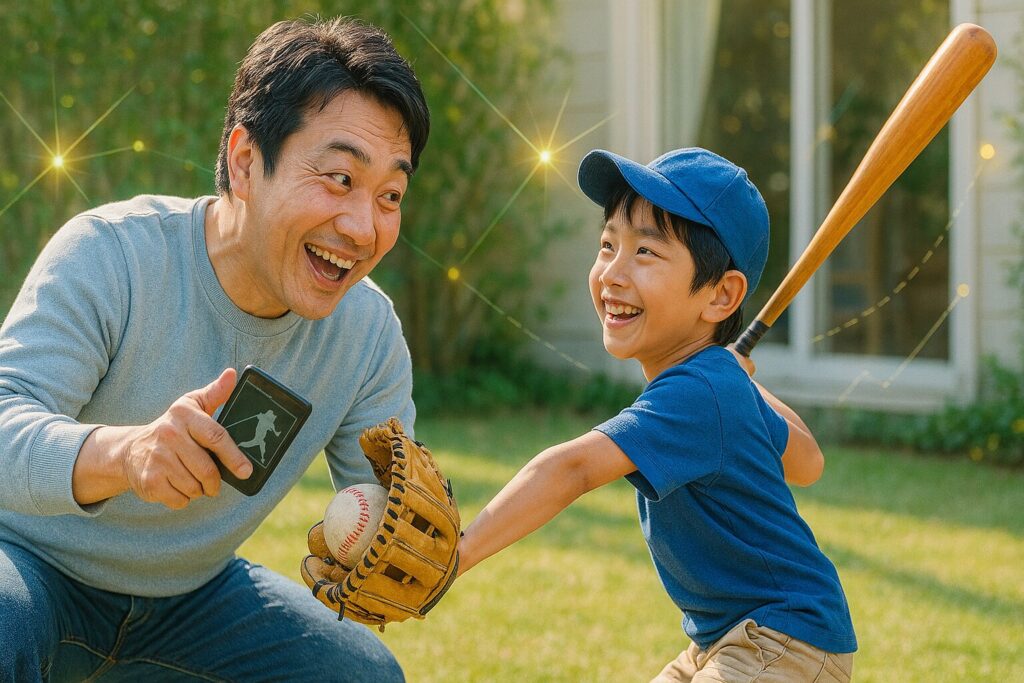 スマホでフォームを見せる父親と、笑顔でバットを構える少年のイメージ (生成AIによるイメージ)