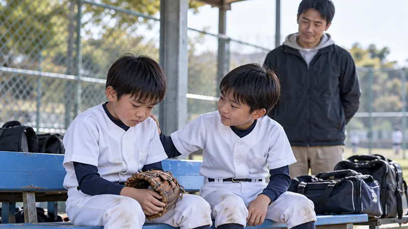 練習後のベンチで、少年野球の子が落ち込む仲間の話を聞き、父が見守る(生成AIによるイメージ)