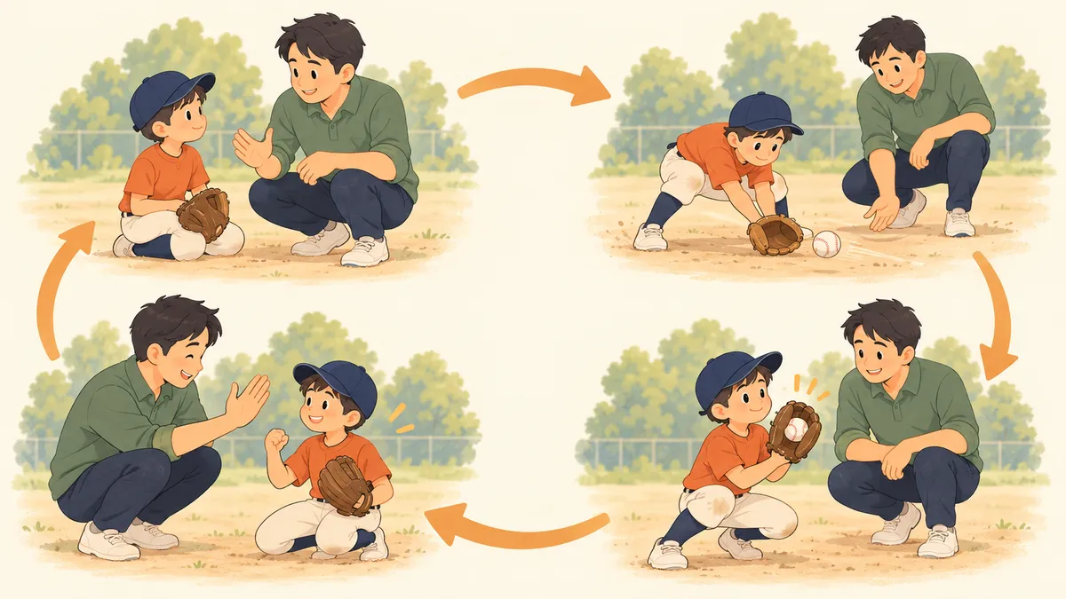 親子で目標を決め、練習で達成し、親の励ましから次の挑戦へ戻る循環（生成AIによるイメージ）