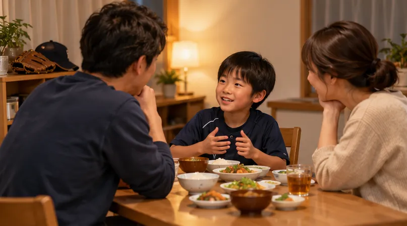 野球から帰った子どもの話を、家族が食卓で穏やかに聞いている（生成AIによるイメージ）