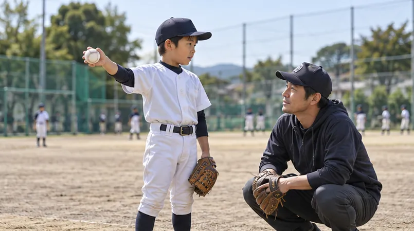 グラウンド脇で、ボールを持つ子どもの投球の狙いを父親が聞く場面（生成AIによるイメージ）