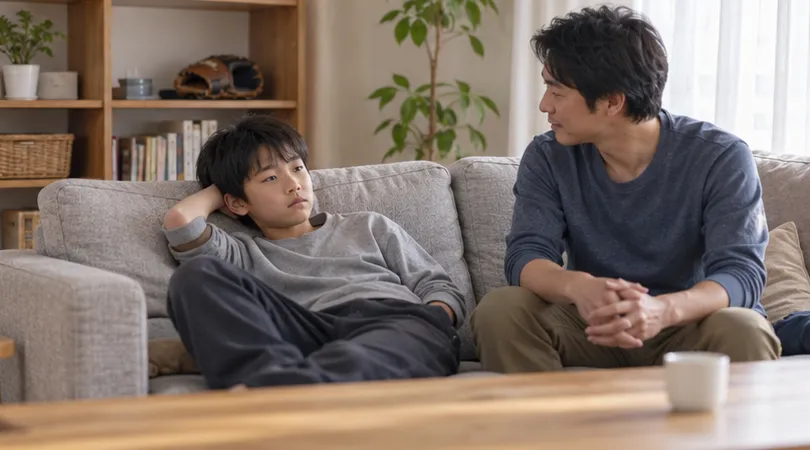 自宅で静かに休む子どものそばで、父親が穏やかに過ごす場面（生成AIによるイメージ）