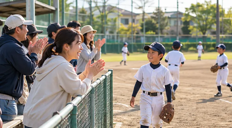 少年野球のグラウンド脇で、プレーする子どもたちへ笑顔で拍手を送る保護者たち（生成AIによるイメージ）