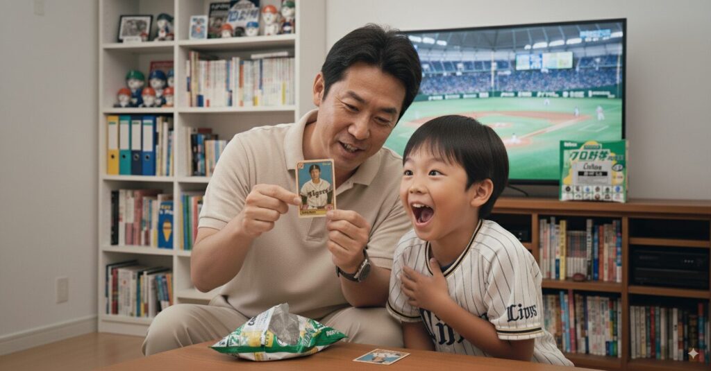 父親が息子にレジェンド引退選手カードを見せながら昔の野球について語っている