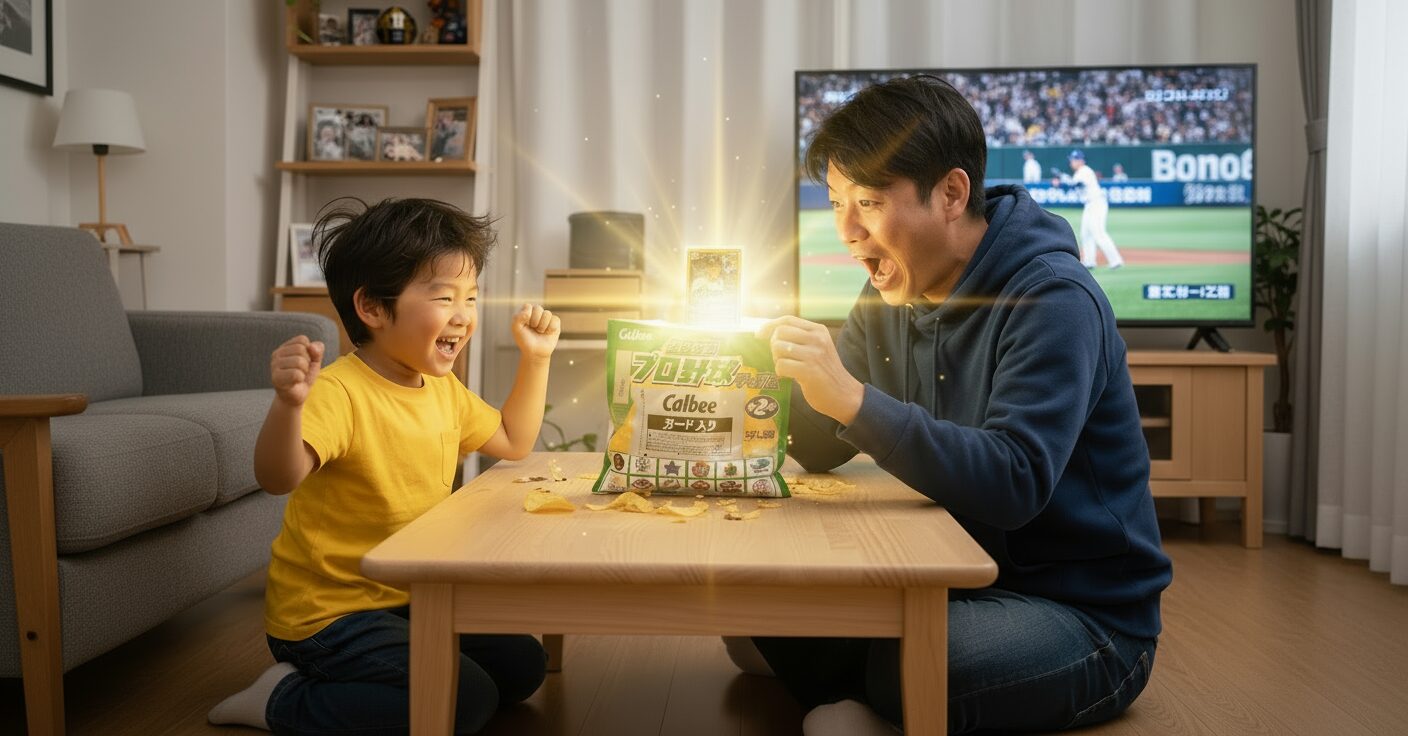 プロ野球チップス2025第2弾の当たりカードを見て親子で喜んでいる様子