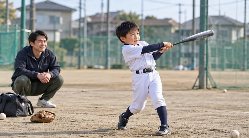 少年野球の子どもが素振りをする姿を、父親が少し離れて見守る（生成AIによるイメージ）