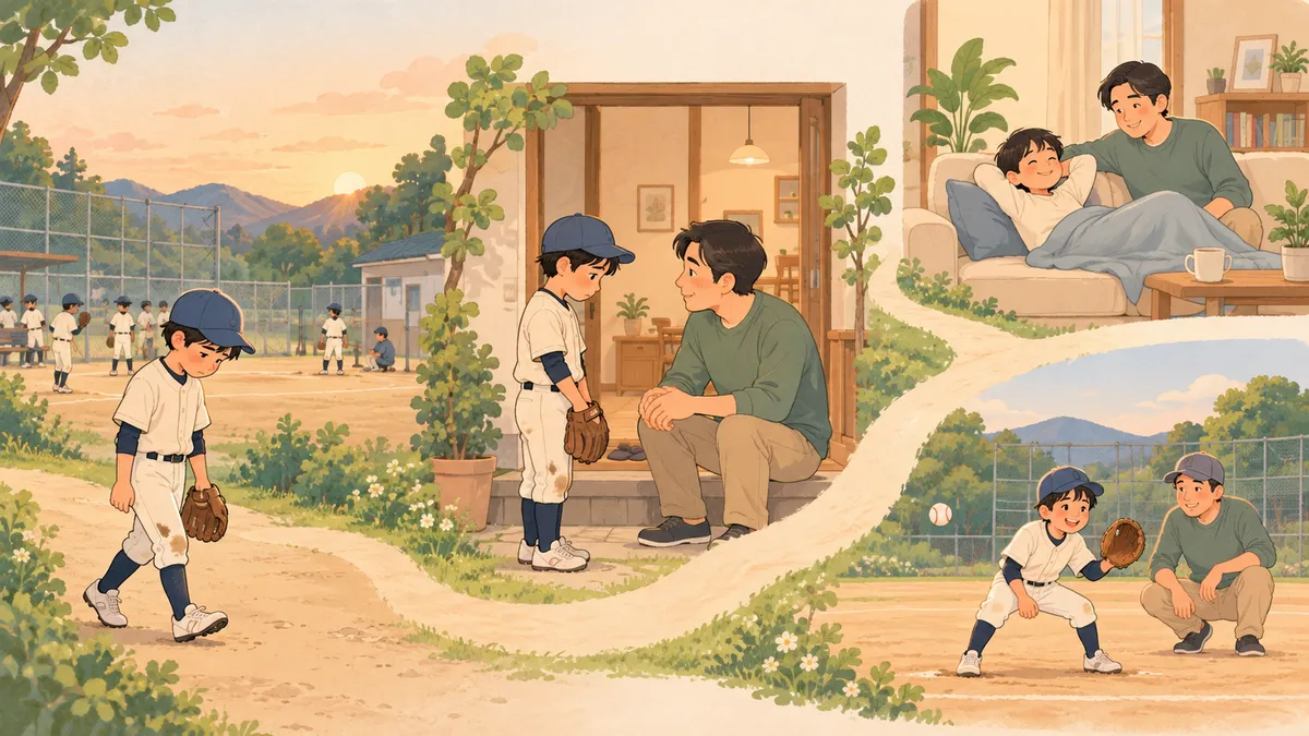 失敗した子供を家庭で親が受け止め、休息や再挑戦へ道が開く絵（生成AIによるイメージ）