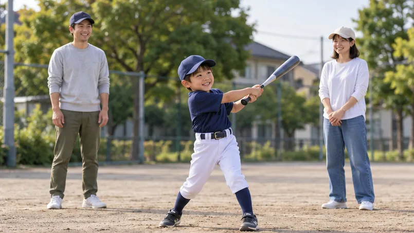 公園で楽しそうに素振りする子どもを、両親が穏やかに見守る様子（生成AIによるイメージ）