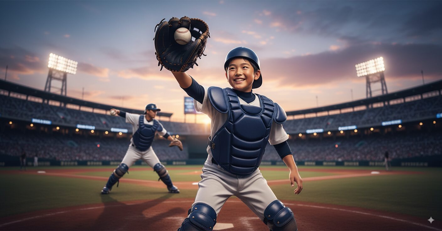 少年野球のキャッチャーがキャッチングし、その後ろにプロ野球スタジアムとプロキャッチャーのシルエット。DeNA松尾汐恩選手のような未来のスターを目指す少年キャッチャーの育成を象徴する画像。