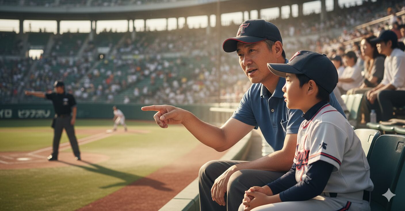 少年野球の試合を観戦しながら、息子に何かを教える父親。審判へのリスペクトについて話している様子。