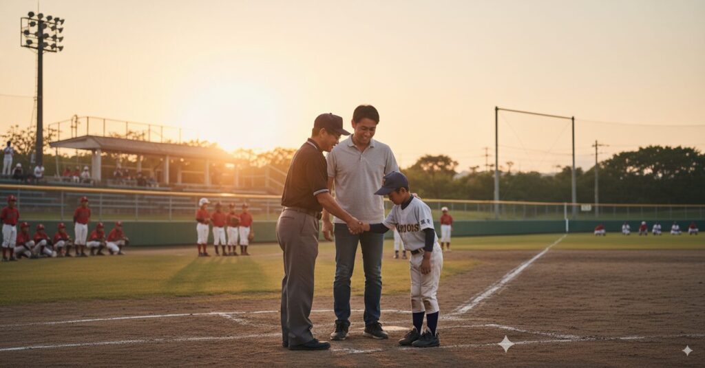 少年野球の試合後、審判と握手する少年と、それを見守る父親。感謝とリスペクトを伝えている