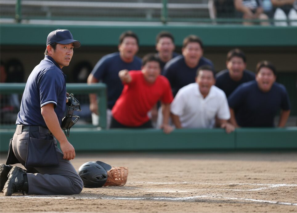 少年野球の試合で、スタンドの保護者からヤジを飛ばされ、プレッシャーを感じている審判。