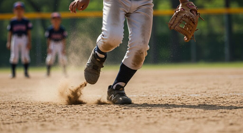 少年野球の走塁練習で、地面を力強く蹴ってスタートダッシュをする子供の足元。加速力を高めるトレーニングのイメージ。
