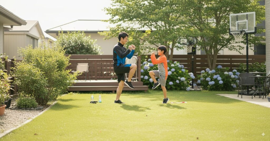 自宅の庭で、少年野球の走塁練習のために父親と一緒に楽しそうに準備運動をする男の子。
