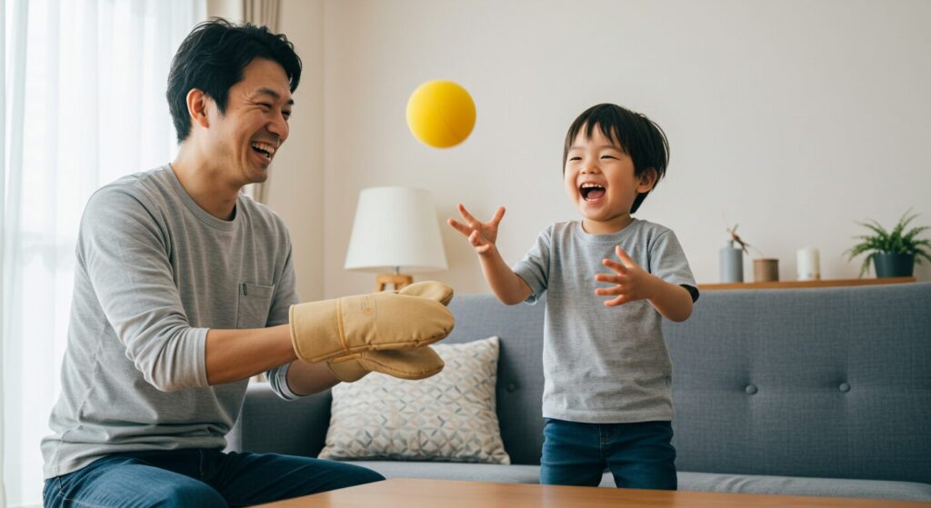 自宅のリビングで、父親がスリッパをグローブ代わりにして、息子と楽しそうにキャッチボールの練習をしている