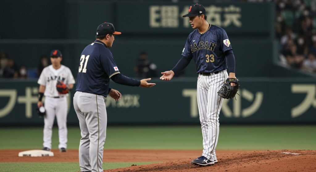 プロ野球の中継ぎ投手がマウンドで力投する場面