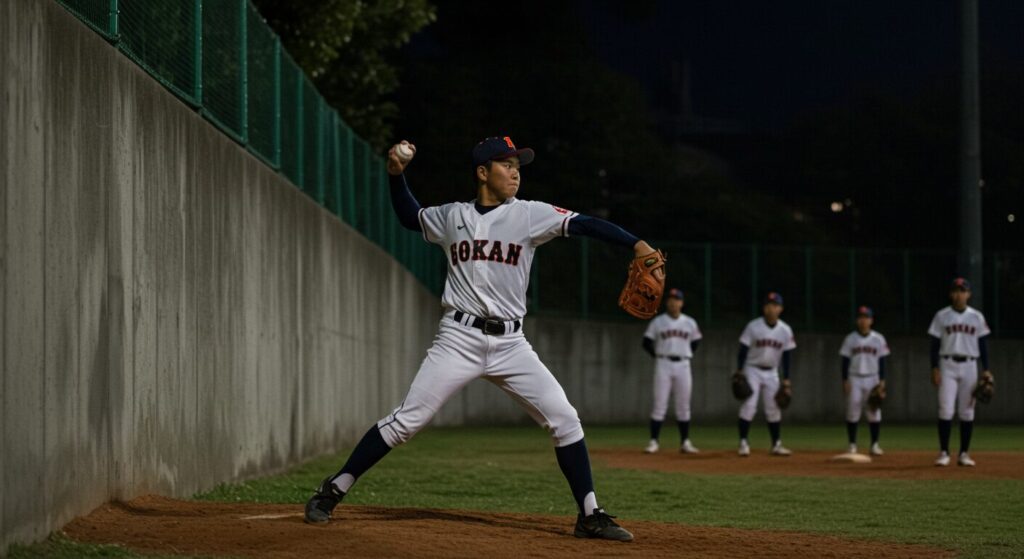 夕暮れ時に一人で壁に向かって投球練習をする少年野球の選手