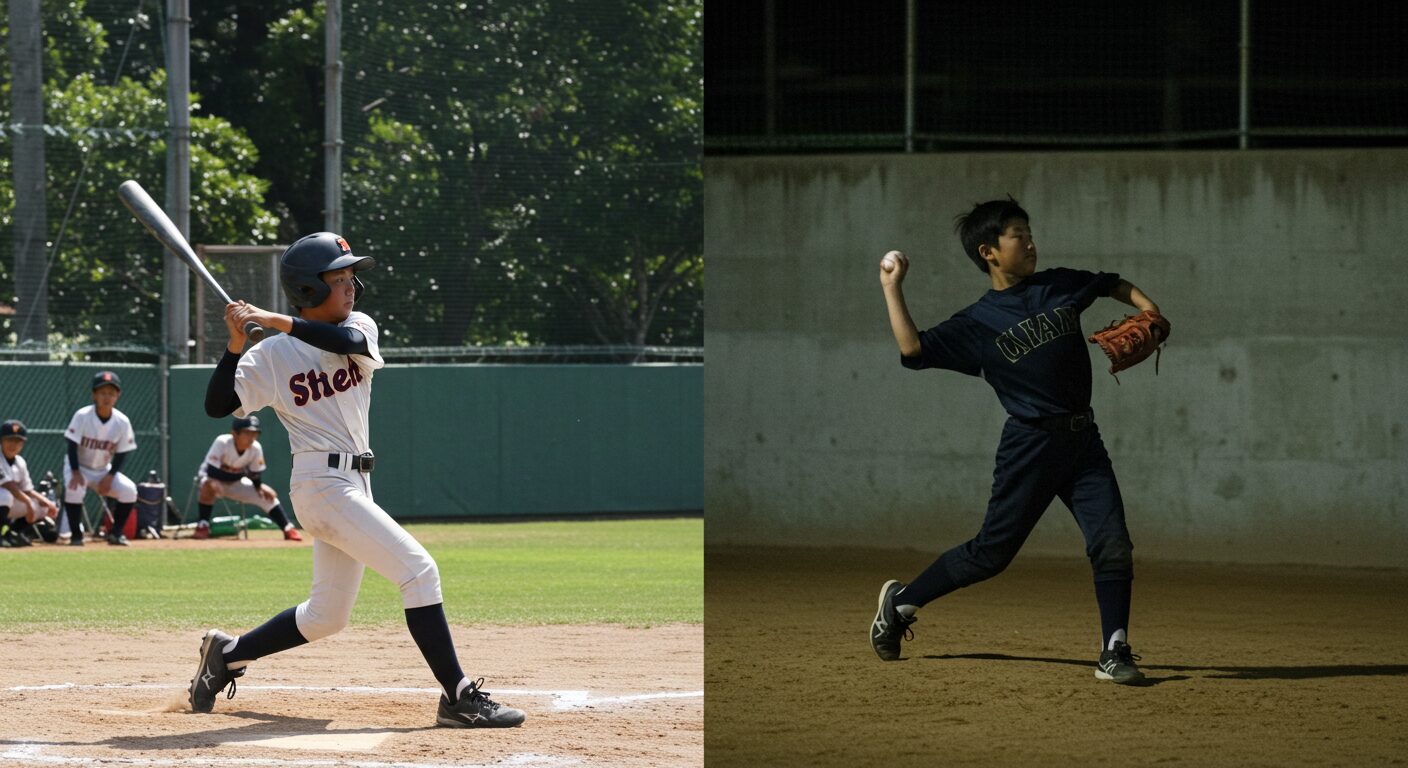 少年野球の天才型の子供と努力型の子供が対照的に練習している様子のアイキャッチ画像