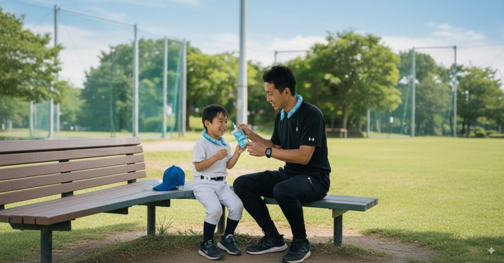 少年野球の練習後、日陰のベンチで父親が息子の首にネッククーラーをつけ、親子で笑顔で暑さ対策をしている。
